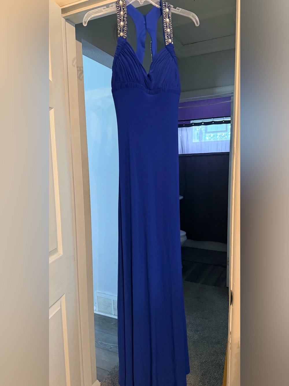 Beaded Halter Royal Blue Gown - Women's Formal Dress